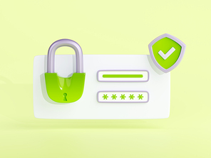 Concept of privacy protection, computer or phone access security. Account verification system with login and password, green padlock and shield, 3d render illustration isolated on background