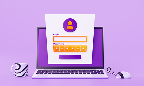 Laptop with login and password form on screen, computer mouse and cup on purple background. Concept of account registration or access, security system, 3d render illustration