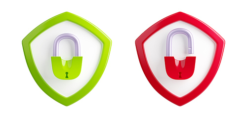 Network protection, computer security, digital data protection concept. Icons of green and red shields with locked and open padlocks, 3d render illustration isolated on white