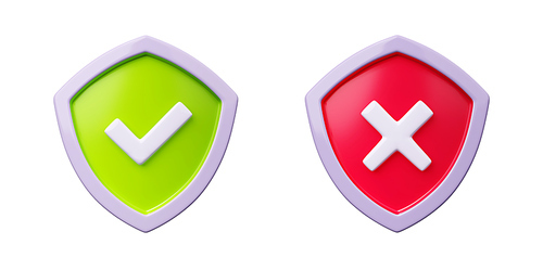 3D illustration set of green and red shield with check and cross marks isolated on white. Access granted and denied, rejection and confirmation symbols. User interface design elements