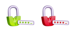 3D render set of green and red locks with password isolated on white. Symbol of personal data security. Access granted and denied icons. Account user authentication. Ui design elements