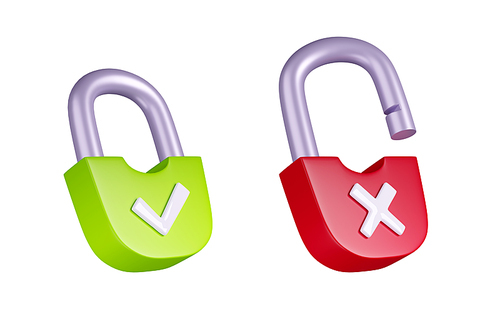 Protection, safety concept icons with red and green padlock with tick and cross sign. Open and closed lock with checkmark and cross, 3d render illustration isolated on white