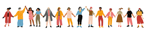 People hold hands, smiling happy men and women stand in row together. Modern multicultural society happiness or friendship. Male and female characters community Cartoon linear flat vector illustration