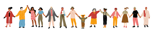 Diverse people standing together and holding hands. Multiracial community, team, friends or society concept with asian, african american, indian and muslim characters, vector hand drawn illustration