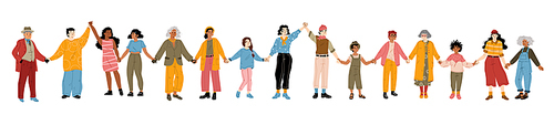 Multiethnic adult people and children holding hands isolated on white . Senior, young characters and kids standing in line together. Friendship, support and unity. Flat vector illustration