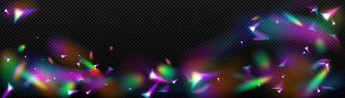 Overlay rainbow effect, prism crystal light refraction. Lens flare, glass, jewelry or gem stone blurred reflection glare, optical physics effect on black background, Realistic 3d vector illustration