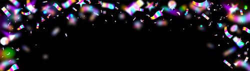 Festive texture with neon rainbow confetti and glitter on black background. Vector carnival background with light effects and flying bright iridescent sprinkles, stars, dots and ribbons