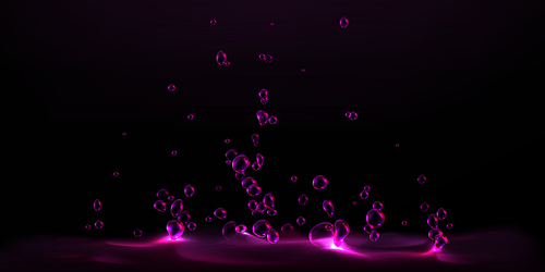 abstract background with purple liquid and rising up air bubbles.  splash with flying drops in neon light. boiling magic potion on black background, vector realistic illustration
