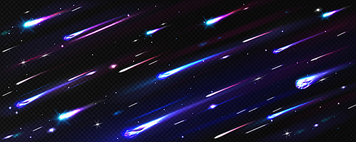 Meteor rain, asteroids or meteorites flying in sky. Glowing comets with flame trails isolated on transparent background. Falling meteors in space, burning fireballs, Realistic Vector illustration, set