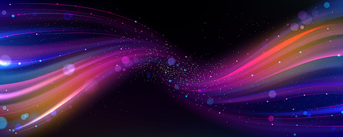 Light effect, colorful rainbow wave, curve intertwined lines, magic flow abstract background with glowing trails, sparks or flare. Swirl motion in blue and purple palette Realistic vector illustration