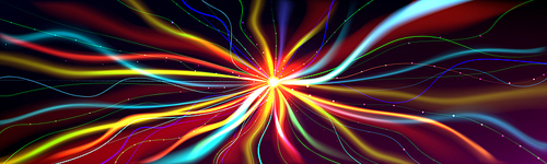 Abstract background with colorful curve lines going form shining center. Rainbow color swirls, technology concept, digital data stream, cable connection, energy waves, Realistic 3d vector radiance