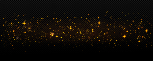 Magic sparkles png isolated on transparent background. Realistic vector illustration of abstract yellow and golden glitter particles flying. Stardust shining in darkness. Festive holiday atmosphere