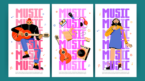 Music posters with singer and musician girls with guitar. Vector vertical banners with flat illustration of women artists with microphone and instrument perform on concert, show or festival