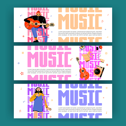 Music posters with singer and musician girls with guitar. Vector horizontal banners with flat illustration of women artists with microphone and instrument perform on concert, show or festival