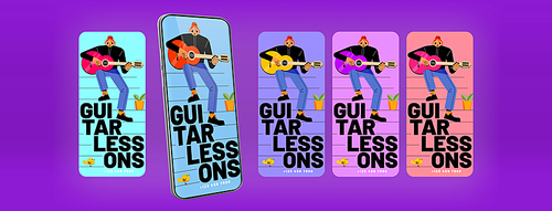 Guitar lessons banners for mobile phone screen. Vector advertising posters, social media template with flat illustration of girl teacher or student play music on acoustic guitar