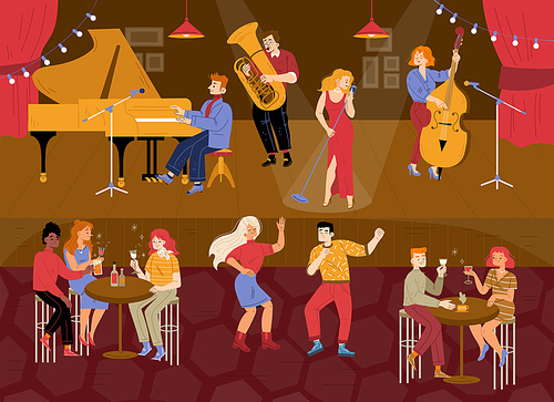 Jazz club musical concert, people sit at tables listen entertainment with artists performing on scene. Visitors dance and enjoying music, woman sing with microphone, Line art flat vector illustration