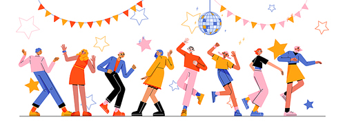 Disco party with happy people dance in night club. Vector flat illustration of music concert or discotheque in nightclub with dancers crowd, disco ball, garlands and stars