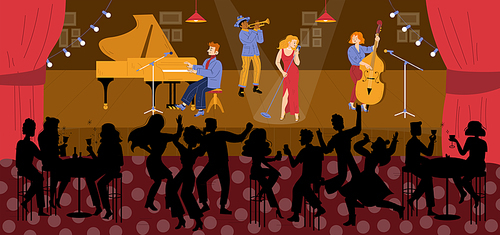 Jazz club with music band on stage and people dance and drink wine. Vector flat illustration of live concert in cafe or restaurant with musicians and singer on scene and dancers silhouettes