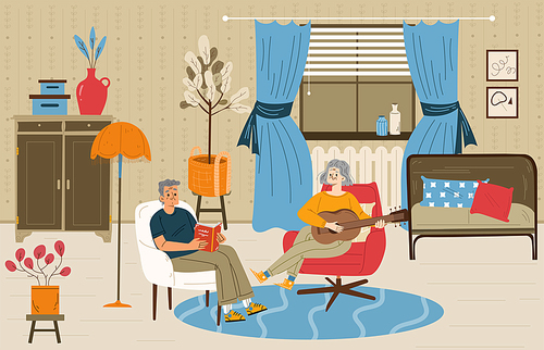 Senior couple relax at home, aged man and woman reading book, playing guitar sitting on armchairs in living room. Grandparents relaxed sparetime, leisure, Cartoon linear flat vector illustration