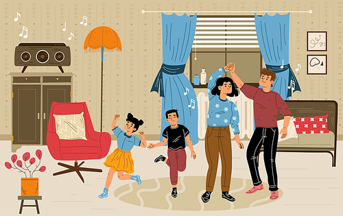 Happy parents dancing with children in retro room. Flat vector illustration of family enjoying home party music, having fun together. Mother and father celebrating holiday with kids, weekend leisure