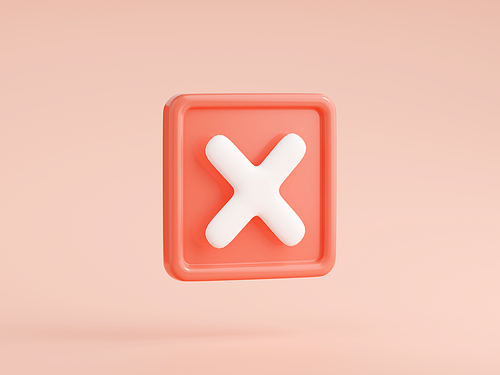 3d render cross mark isolated icon. X symbol, cancel, error, delete button, forbidden sign in red square. Forbidden, close page element on pink background, Cartoon illustration in plastic style