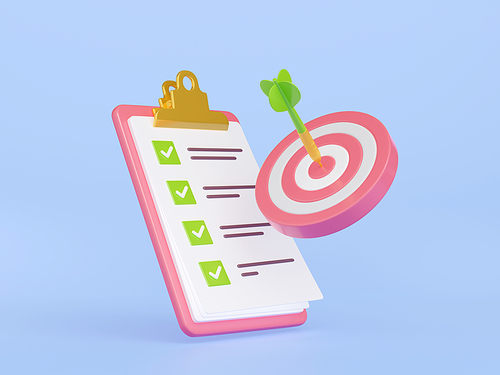 3d render checklist with target bullseye and arrow in aim. Check list on clipboard with tick marks. Business concept of goal achievement, success and progress, Cartoon Illustration in plastic style