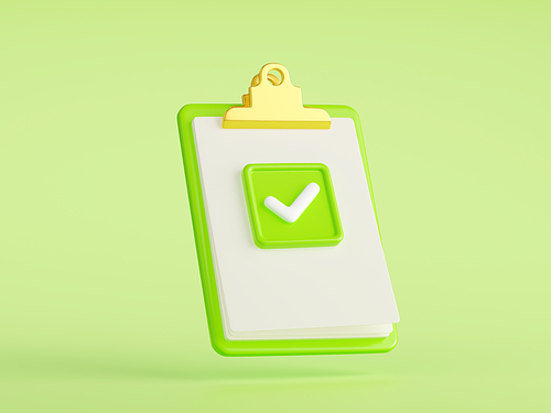 3D render of paper clipboard with green tick. Illustration of document with checkmark or checklist symbol. Confirmation, approval, agreement, election vote, successful task, todo list completion sign
