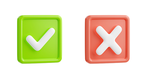 Check marks with tick and cross sign for icons of right and wrong choice. Red and green square buttons with symbols of correct, confirm, cancel and denied, 3d render illustration