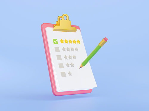 Checklist with feedback survey, clipboard with paper notes with rating stars, tick marks and pencil. Questionnaire form of service review, satisfaction evaluation, 3d render illustration
