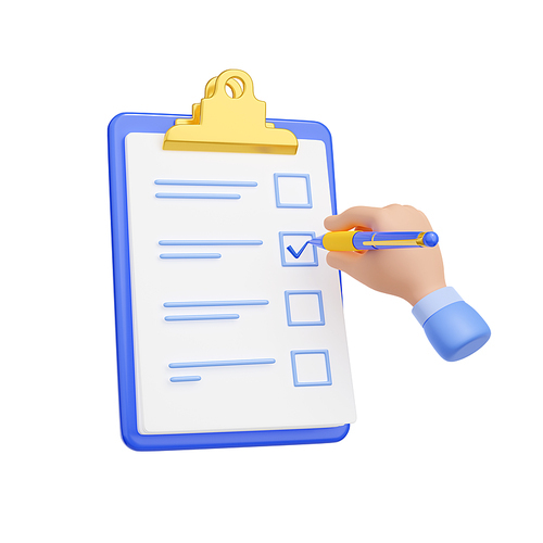 3D illustration of human hand putting tick on clipboard document. Person writing checkmark on ballot paper, election voting. Symbol of successful business task fulfillment, effective action plan