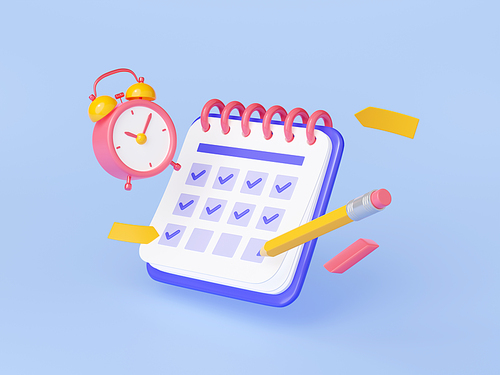 Daily planner, calendar with checklist, pencil, alarm clock and sticky notes. Concept of project plan, deadline, work agenda with date schedule, 3d render illustration
