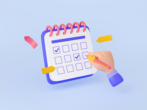 3d render hand with pencil put check marks in calendar. Planning events, deadlines and agenda. Important data, checklist, memory notifications business concept, Illustration in cartoon plastic style