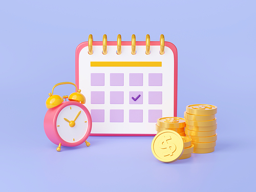 3D illustration of calendar with checkmark, alarm clock and money. Monthly diary page with tick sign indicating payday. Date of bank loan payment. Symbol of investment earnings. Family budget planning