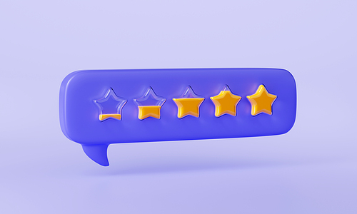 3d render customer feedback stars in speech bubble. Rating, client review, comment or rate concept with growing evaluation level in message balloon, isolated Illustration in cartoon plastic style