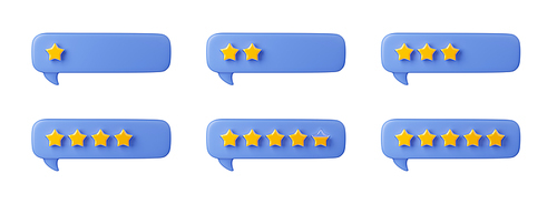 Speech bubbles with gold rating stars. Template of rank, feedback and opinion survey, comment of client satisfaction, service evaluation isolated on white, 3d render illustration
