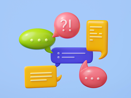 3D render set of colorful chat message bubbles isolated on blue background. Collection of round, oval and rectangular speech clouds. Modern communication technology. Mobile or web app design element