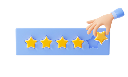 3D render of hand adding or removing golden rating star. Satisfied customer leaving good feedback for popular service or goods. High quality award. Client review icon for shopping, business app ui