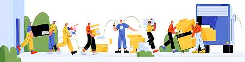 Moving service workers help at home relocation. Loaders, movers team loading cardboard boxes and appliances into truck. Delivery company employees in uniform, Line art flat vector illustration