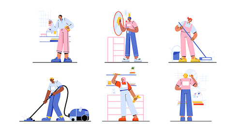 Cleaning service at home, janitors team in uniform housekeeping work with tools, maids clean living room and bathroom. Professional company workers with tools cleanup, Line art vector illustration