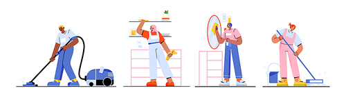 Set of flat characters cleaning home. Vector illustration of happy men and women vacuuming, mopping floor, dusting furniture, washing and wiping mirror. Household activities. Housekeeping chores