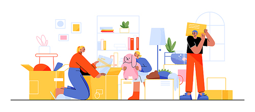 Happy family moving into new house, people relocation. Mother, father and child characters unpack and carry boxes with things at home room. People buying apartments, Linear flat vector illustration