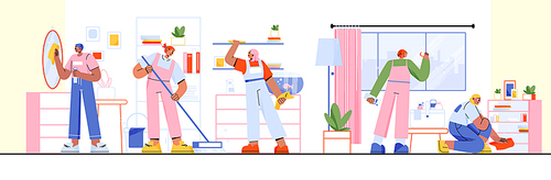 Cleaning service workers cleanup home or office interior. Janitors team in uniform work with tools, maids washing dirty room. Professional company employees with tools, Linear vector illustration