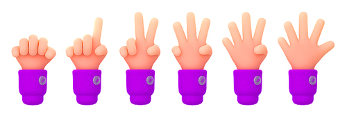 3d render, count fingers, set of hands counting from one to five. Communication, number gestures concept, One, two, three, four, five isolated Illustration on white background in cartoon plastic style