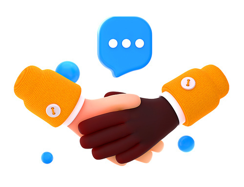 Handshake icon, concept of multicultural partnership, business deal, agreement, cooperation and corporate diversity. Sign of greeting or agree gesture, 3d render illustration