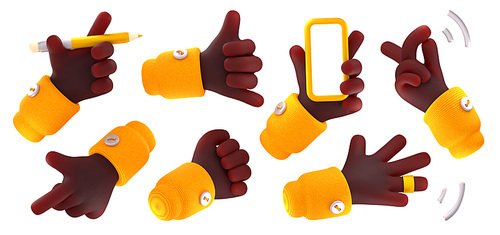 3D illustration set of hand gestures isolated on white. African americal character holding smartphone, pencil, using smart ring, snapping fingers, pointing, making fist, call me sign