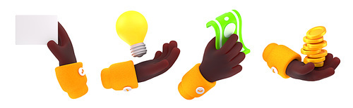 Hand holding bank card, cash money, gold coins and light bulb. Concept of idea, payment, finance, business. African american man hand with blank visit card, 3d render illustration