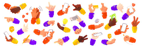 3d render hand gestures, black and white arms with smartphones, handshake, thumb down, victory, pointing and crossed fingers with heart, writing and speech bubble Cartoon illustration in plastic style