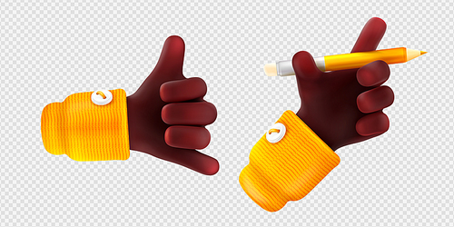 3d render black hand gestures hang loose or shaka and palm holding wooden pencil. African person arm writing, communication, body language signs isolated Vector illustration in cartoon plastic style