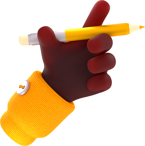 Man hand holding yellow pencil with eraser. African american person arm with pencil, symbol of drawing, writing, office or school work, 3d render illustration isolated on transparent background