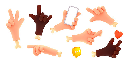 3D illustration set of multiethnic hand gestures isolated on white. Victory, rock signs, fingers crossed for good luck, character pointing, holding smartphone, red heart, chat cloud symbol